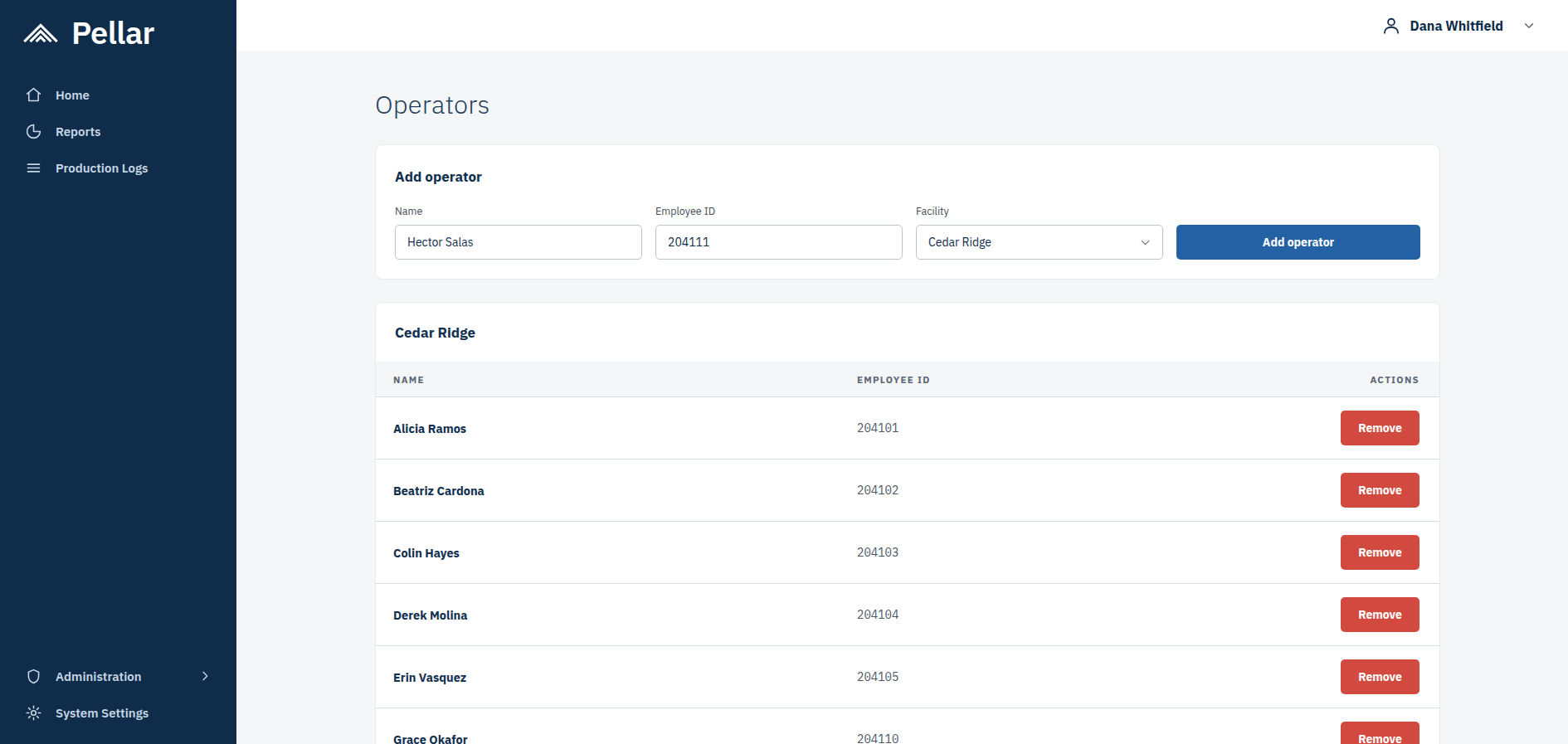 Screenshot: the Add operator form filled in with a name, an employee ID, and a facility selected.