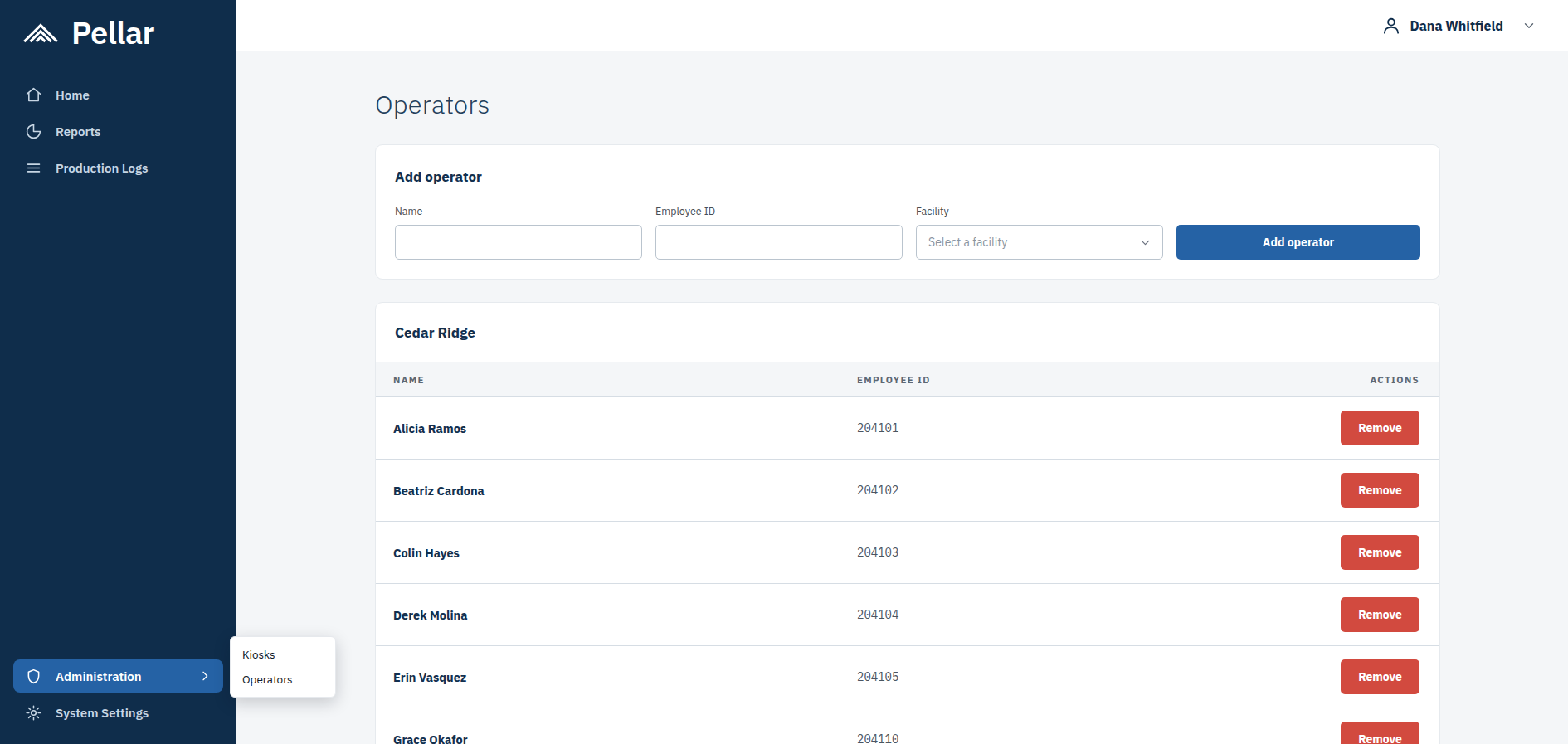 Screenshot: the Operators page under Administration, with the Add operator form above a facility's list of operators.