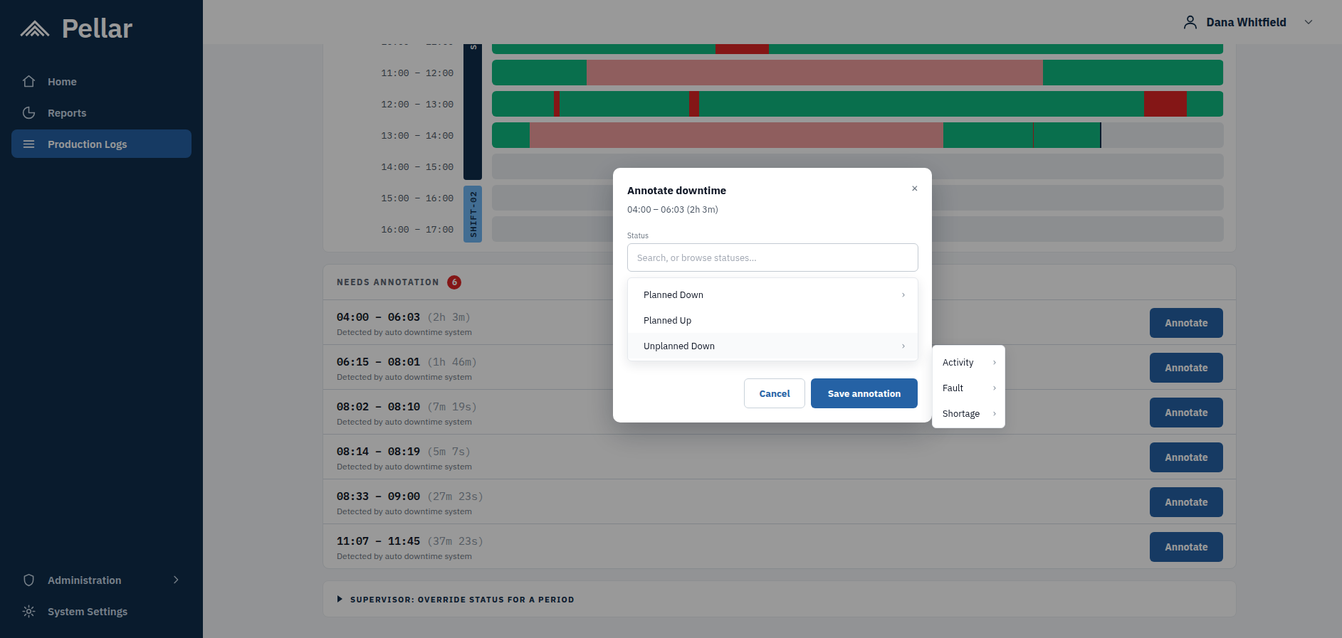 Screenshot: the Annotate downtime window, with the status tree open on Planned Down, Planned Up, and Unplanned Down and its sub-categories.