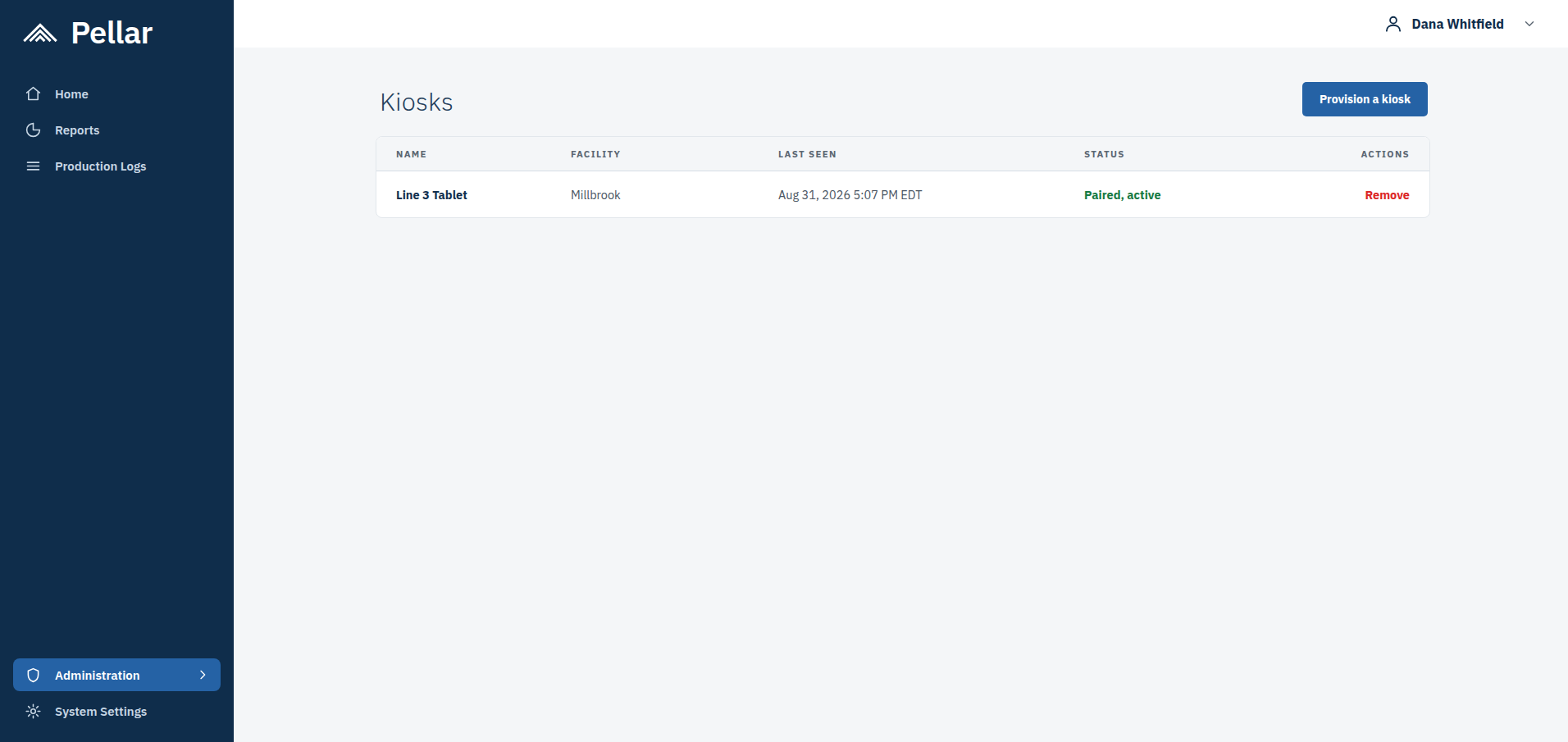 Screenshot: the Kiosks page, listing each kiosk with its facility, when it was last seen, and its pairing status.