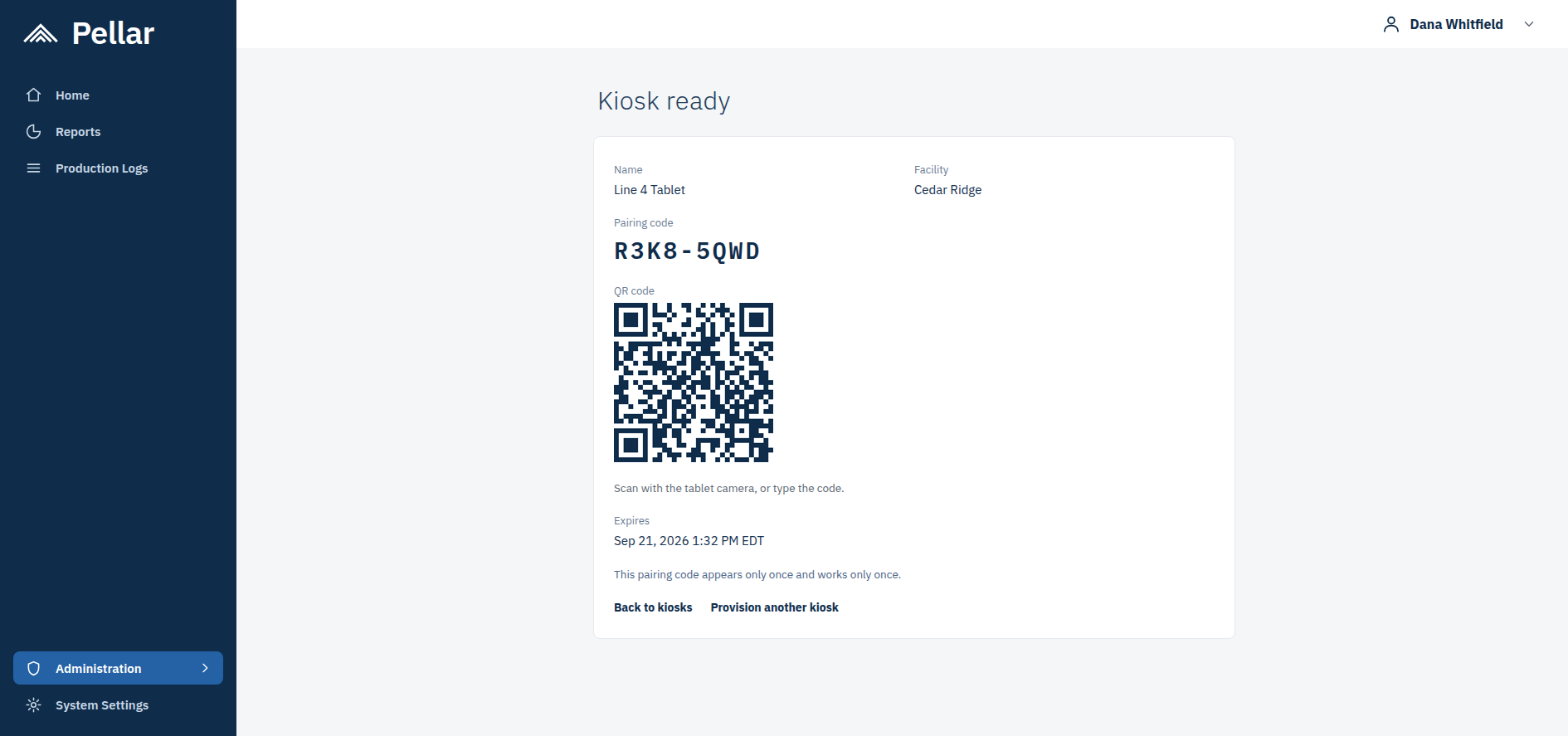 Screenshot: the Kiosk ready screen, showing the kiosk name and facility, a pairing code, a QR code, and the time the code expires.