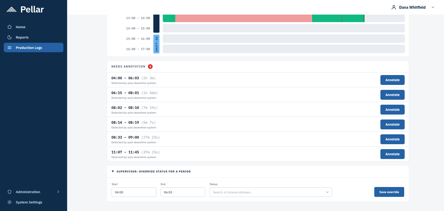 Screenshot: the expanded override panel, with start time, end time, a status search field, and a Save override button.