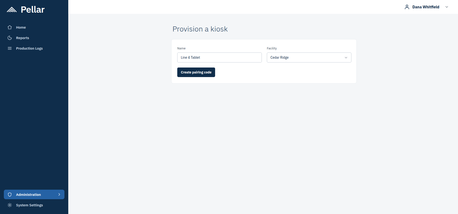 Screenshot: the Provision a kiosk form, with a name field and a facility dropdown above a Create pairing code button.