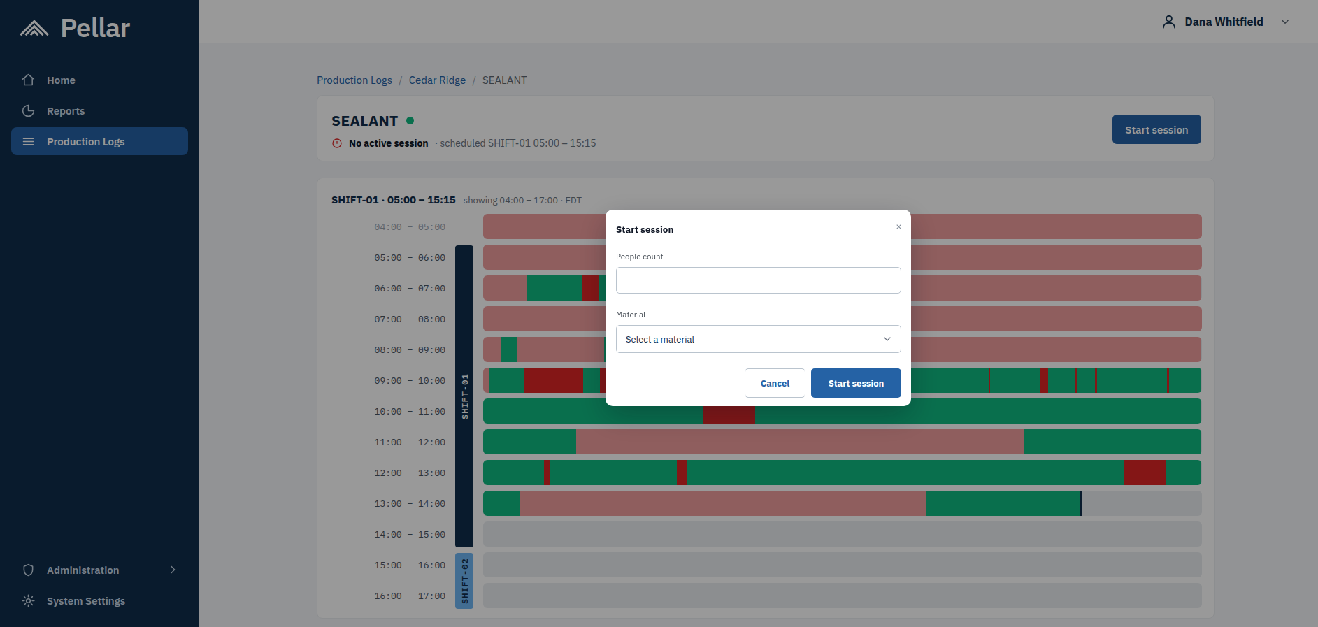 Screenshot: the Start session window, with fields for people count and material.